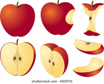 Isometric 3d illustration of red apples, bitten, core, halved, and quartered