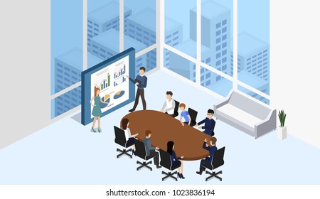 Isometric 3D illustration set Interior of department conference with workplaces