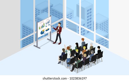 Isometric 3D illustration set Interior of department conference with workplaces