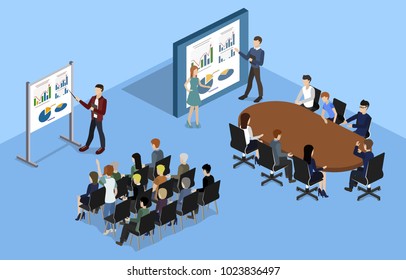 Isometric 3D illustration set Interior of department conference with workplaces