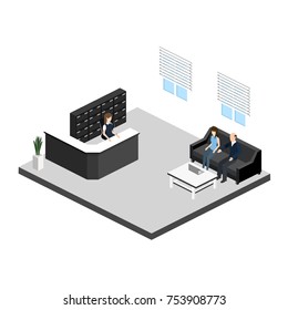 Isometric 3D illustration set Interior of department reception with workplaces