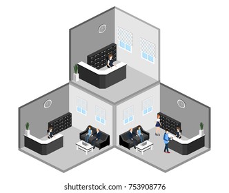 Isometric 3D illustration set Interior of department reception with workplaces