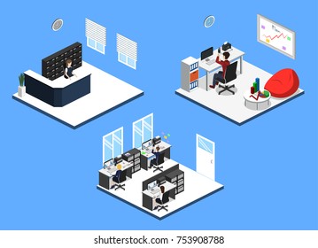 Isometric 3D illustration set Interior of department office with workplaces