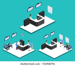 Isometric 3D illustration set Interior of department reception with workplaces