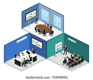 Isometric 3D illustration set Interior of department conference with workplaces