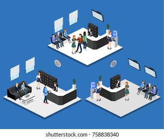 Isometric 3D illustration set Interior of department reception with workplaces
