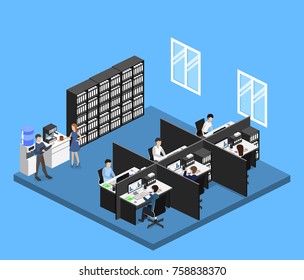 Isometric 3D illustration set Interior of department office with workplaces