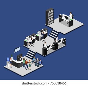 Isometric 3D illustration set Interior of department office with workplaces