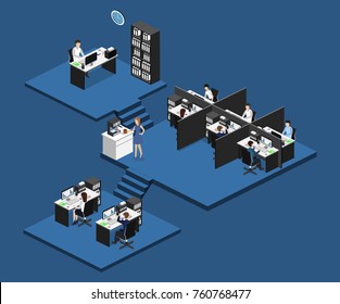 Isometric 3D illustration set Interior of department office with workplaces