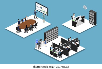Isometric 3D illustration set Interior of department office with workplaces