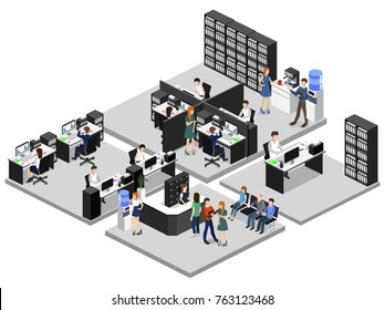 Isometric 3D illustration set Interior of department office with workplaces
