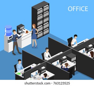Isometric 3D illustration set Interior of department office with workplaces