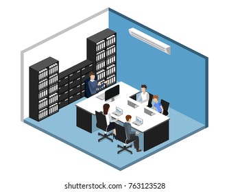 Isometric 3D illustration set Interior of department conference with workplaces