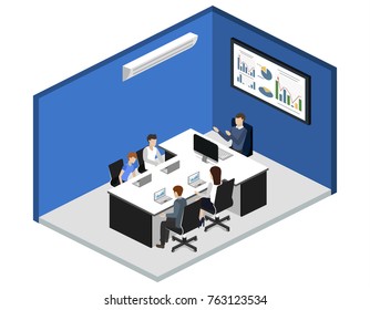 Isometric 3D illustration set Interior of department conference with workplaces