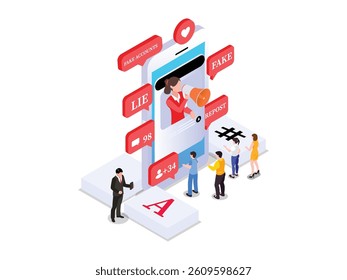 Isometric 3d illustration of social media manipulation and misinformation representing online deception, propaganda, and the spread of false information