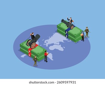 Isometric 3d illustration of Two stacks of currency, one with dollar symbols and the other with yen symbols, are equipped with cannons and guarded by soldiers.