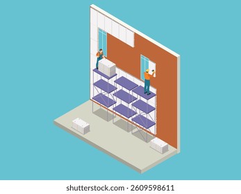 Isometric 3d illustration of Two workers are shown installing panels or tiles on a wall, using scaffolding representing building construction, renovation, and home improvement