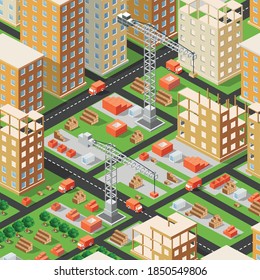 Isometric 3D illustration of the urban building with multiple house and skyscrapers, construction machinery, cranes, and vehicles