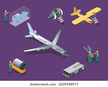 Isometric 3d illustration of Various airplanes, engines, and airport vehicles are shown with workers performing maintenance tasks.