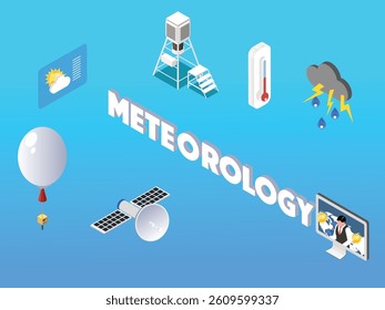 Isometric 3d illustration of Various weather instruments, symbols, and a computer screen with a weather presenter Ideal for science, technology, and weather-related themes
