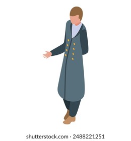 Isometric 3d illustration of a victorian gentleman wearing a long coat gesturing with hand outstretched