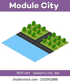 Isometric 3D illustration view from above to the Forest quarter of the highway of streets urban landscape and sea