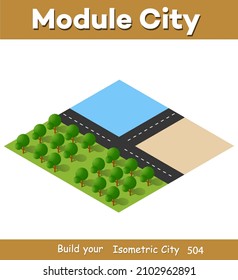 Isometrische 3D-Illustrationsansicht von oben bis zum Waldviertel der Straße von urbaner Landschaft und Meer