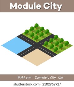 Isometric 3D ilustración view from over to Forest barrio de la carretera de las calles paisaje urbano y mar