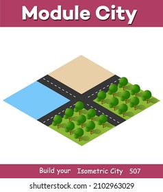 Isometric 3D illustration view from above to the Forest quarter of the highway of streets urban landscape and sea
