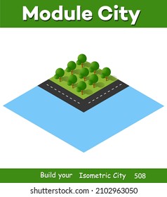 Isometrische 3D-Illustrationsansicht von oben bis zum Waldviertel der Straße von urbaner Landschaft und Meer