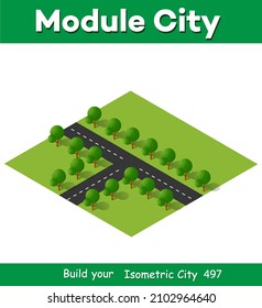 Isometric 3D illustration view from above to the Forest quarter of the highway of streets urban landscape