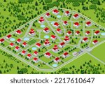 An isometric 3D illustration view of a cottage townhouse bungalow, residential, villa village is shown. Streets, houses, and plots for real estate development are shown.