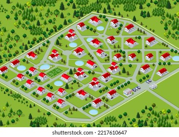 An isometric 3D illustration view of a cottage townhouse bungalow, residential, villa village is shown. Streets, houses, and plots for real estate development are shown.