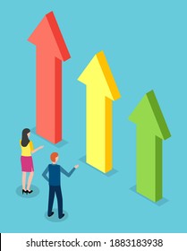 Isometric 3d illustration, woman and man looking at growing big arrows chart. Infographics, growth finance of business. People analysing info, infochart. Business statistics, financial strategy