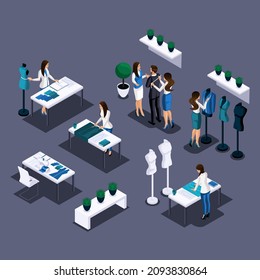 Isometric. 3D illustration of the work of a large tailor shop. Cutting clothes, patterns, sewing to order.