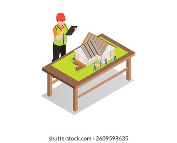 Isometric 3d illustration of A worker examines a miniature house model on a table, with other miniature figures representing construction workers