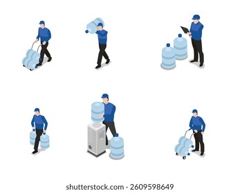 Isometric 3d illustration of A worker in uniform is shown delivering large water bottles, using a dolly, lifting, and filling a water dispenser