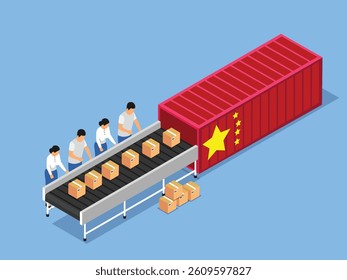 Isometric 3d illustration of Workers on a conveyor belt load boxes into a shipping container with the Chinese flag representing manufacturing, logistics, and international trade from China