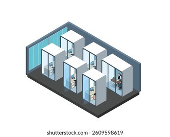 Isometric 3d illustration of Workers are shown in each pod, suggesting focused work and privacy. Concept representing contemporary workspace design, flexible office solutions, and productivity