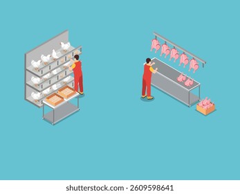 Isometric 3d illustration of Workers are shown handling chicken carcasses and packaged goods in a controlled environment