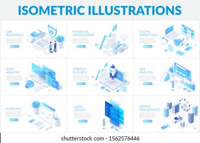 Isometric 3d illustrations set. Car insurance, planning, data analysis and startup business with characters.