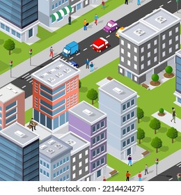 Isometric 3D illustrations of urban scenes are provided, showing skyscrapers, streets, trees, and cars. Architecture, home construction, block and park are included in the city urban area illustration