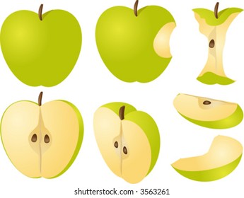 Isometric 3d illustrtion of apples, bitten, core, halved, and quartered