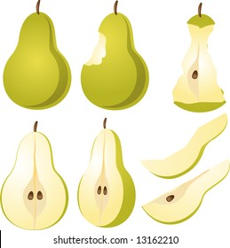 Isometric 3d illustrtion of pears, bitten, core, halved, and quartered