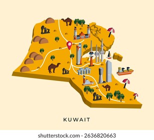 Isometric 3d infographic map of Kuwait, a country in the middle east that has the largest oil production.
EPS 10 vector isometric map design.
