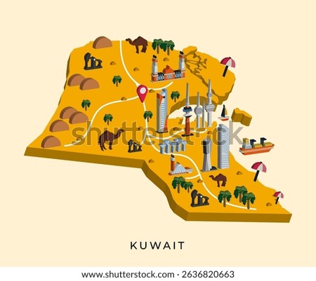 Isometric 3d infographic map of Kuwait, a country in the middle east that has the largest oil production.
EPS 10 vector isometric map design.