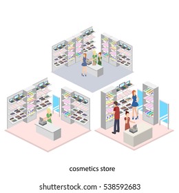 Isometric 3D interior design vector illustartion of cosmetics store, beauty shop. Customer and cashier.