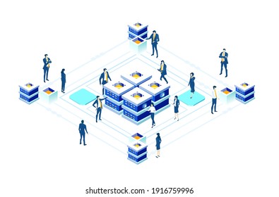 Isometric 3D Internet datacenter, server room, web administrator hosting concept  with business people. Technology, success, internet, data protection and personal security infographic illustration