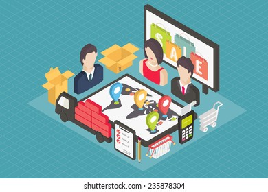 Isometric 3d internet shopping, e-commerce, online markets and delivery concept, vector flat icons