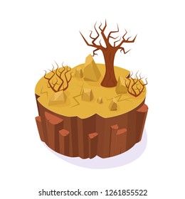 Isometric 3D island game, with landscape of the earth. Element of gaming environment, visual interface of dry, empty, cracked ground earth. Desert with sand, stones, dry trees. Vector illustration.